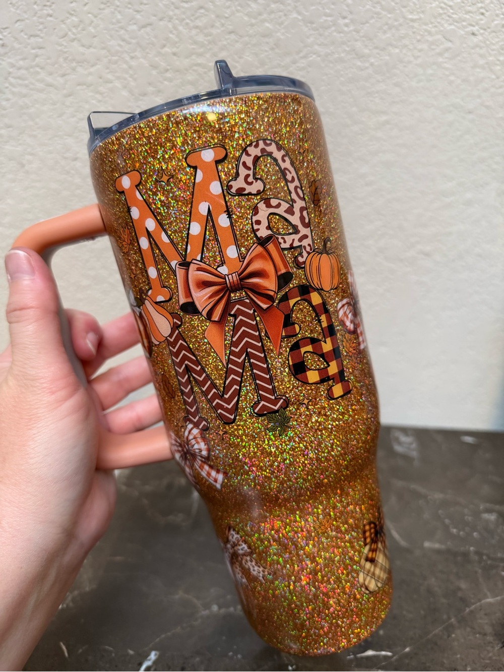 Fall Mama Pumpkin Season Glitter Tumbler Cup 40 oz with Handle Handmade